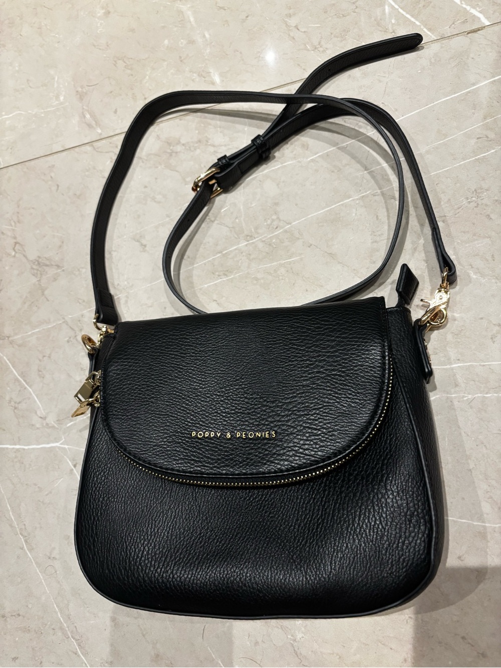Poppy & Peonies mini downtown Black Leather Crossbody with Gold Hardware